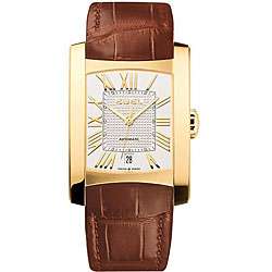   Mens Leather Strap Yellow Gold Automatic Watch  