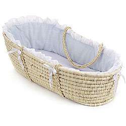 Natural Moses Basket with Blue Gingham Bedding  