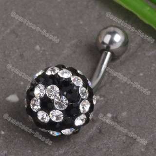 1X Black White CZ Crystal Flower Ball Belly Button Ring  