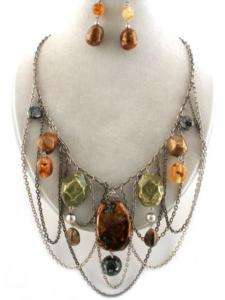 MULTI BROWN GREEN PATINA STYLE BEAD DANGLE NECKLACE SET  