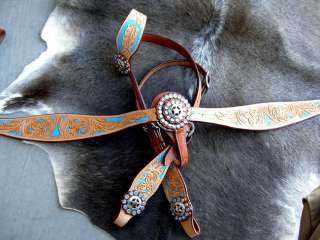 BRIDLE WESTERN LEATHER HEADSTALL BREAST COLLAR TURQ  