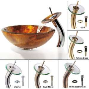 Kraus C GV 421 19mm 10SN Amber Glass Vessel Sink and Waterfall Faucet 