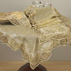   Mughal Hand Beaded Design Champagne Tablecloth 40 Square New  