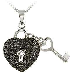 Sterling Silver Black Diamond Accent Heart and Key Necklace 