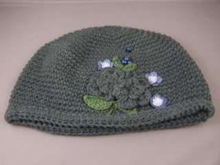 Grey crochet flower knit ski hat cap beanie winter  