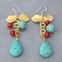 Gold Leaf and Silver Turquoise and Red Coral Drop Earrings (Thailand)