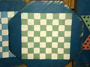 Antique Folk Art Green Checker Board Old Wood Gameboard  
