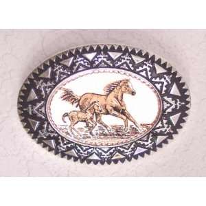 Copper and Pewter Western Belt Buckle with Mare and Foal  