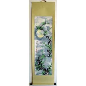   Chinese Watercolor Painting Scroll Green Plum Flower 