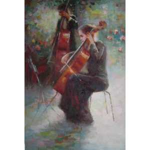  Two Young Girls Playing Cello and String Bass Oil Painting 
