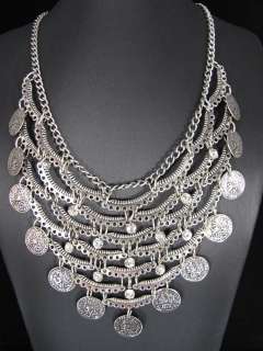 Elegant Style Tibetan Silver Rhinestone Coins Pendant Necklace Chain 