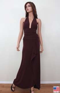   neck open shoulders ruched bodice leg slit and classic wrap style that