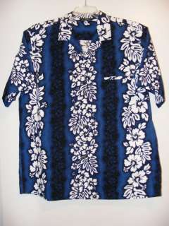 Royal Creations Navy Blue White Black Hawaiian Tropical Floral Shirt 