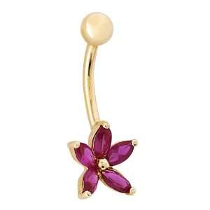    Magenta CZ Flower 14K Yellow Gold Belly Button Ring Jewelry