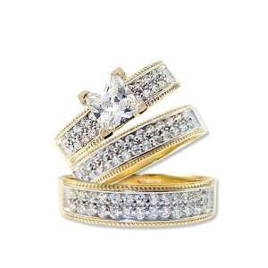 14k Yellow Gold, Trio Three Piece Wedding Ring Set Princess Lab 