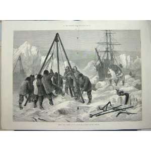 1875 ARCTIC LIFE CUTTING ICE WINTER QUARTERS SHIP ART  