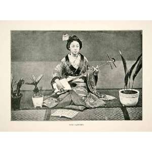  1891 Print Young Woman Japanese Shamisen Instrument Geisha 