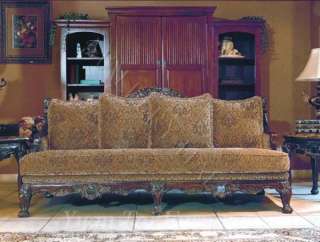 French Tapestry Fabric ( Gold & Brown ) Sofa Set Dark Wood Carved Trim 