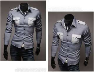   Fit Epaulet Casual Stylish Dress Shirt Blue/Gray M  XXL 5913  