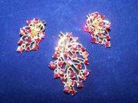 Vintage Red Aurora Borealis Pin Clip Earrings Set  