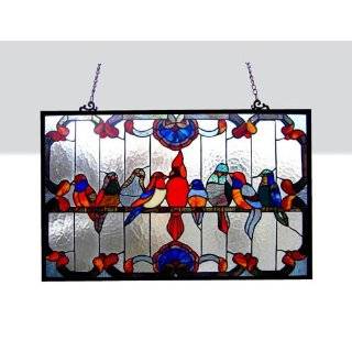 Tiffany Style Family Birds Design Glass Window Panel 24.5x13  