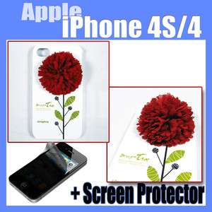 For iPhone 4S 4 3D Flower hard Case Cover Rose RED + Privacy Screen 
