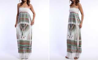 MOGAN Boho Tribal Print Chiffon MAXI LONG DRESS Strapless Smocked Tube 