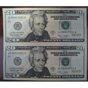 Subject Sheet of 2 Uncut $20 Dollar Bills Series 2009 Connected Real U 