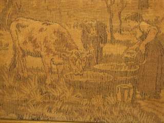 ANTIQUE COUNTRY COW ART TAPESTRY WOOD FRAME FARM GIRL  