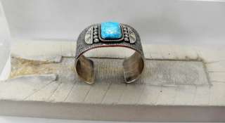 Native American Navajo TufaCast Silver Bracelet/Morenci Turquoise 