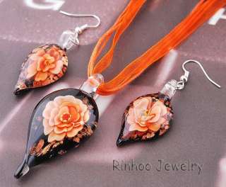 6sets Drop Flower Glass Pendant Necklace Earrings 29461  