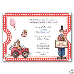 Carnival Ticket Invitations Birthday Party Clown Circus  