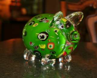 Cute Bright Green MURANO Style Art Glass Pig Figurine  