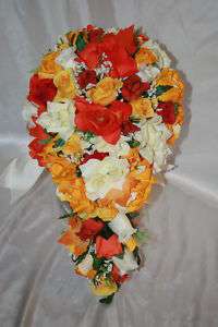 Fall Orange Yellow Silk Flower Wedding Bridal Bouquet Package 