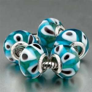 Pale Blue White Drop Patttern Glass Beads (5 Pack )fits Pandora Charm 