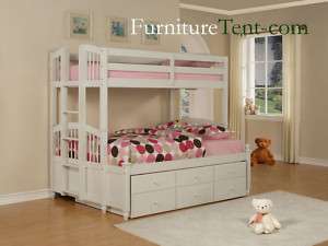 Kids Teen Wood White Twin Full Bunk Bed Trundle drawers  