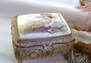 Vintage Metal Jewelry Trinket Box Porcelain Painted Top  