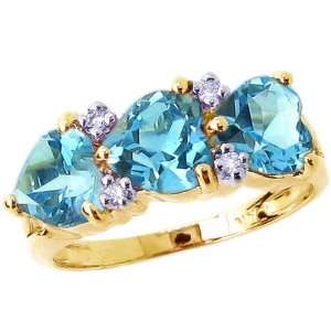14K Yellow Gold Three Stone Heart Gemstone and Diamond Ring Swiss Blue 
