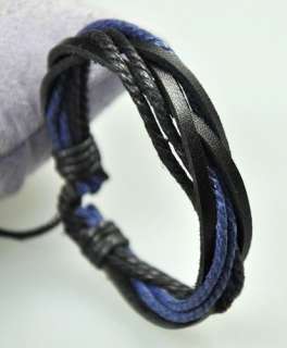 Surfer Multi Leather Hemp Bracelet Wristband Black Blue  