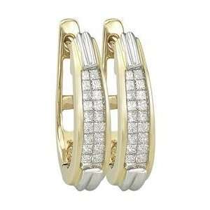 14K Two Tone Gold Invisible Set Princess Cut Diamond Hoop Earrings 14K 