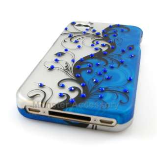  the apple iphone 4 blue flowers gem diamond bling hard case 