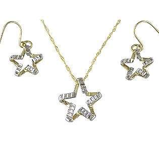  Diamond Cut Star Pendant and Earring Set. 10K White and Yellow Gold 