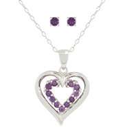 Amethyst Heart Earring and Pendant Set. Sterling Silver 