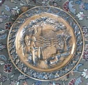 Coppercraft 20 round wall plaque plate log cabin scene  