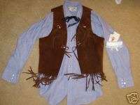 Gambler western cowboy brown suede vest blue shirt M L  