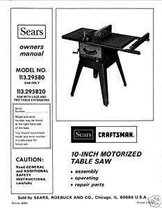  Craftsman Table Saw Manual Model # 113.295820  