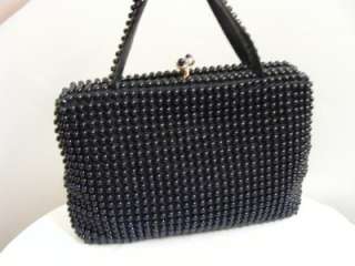 vtg 50s 60s Black Plastic Ball Bead Handbag Purse  