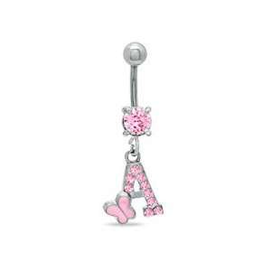 014 Gauge Butterfly A Belly Button Ring with Pink Crystals in 