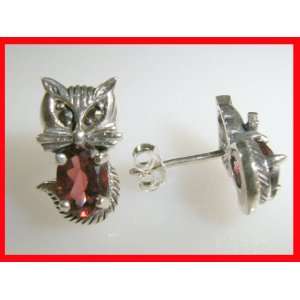  Marcasite & Garnet Kitty Earrings Sterling Silver #983 
