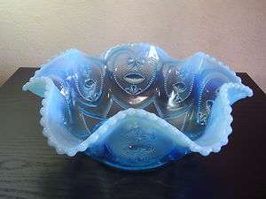   Northwood Dugan Blue Opalescent Glass Jeweled Heart Master Bowl  